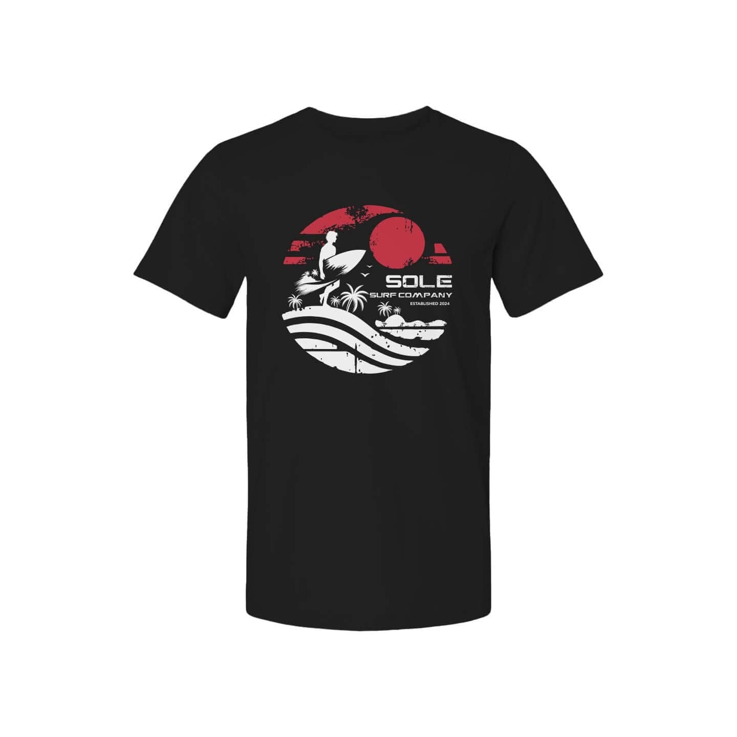 Black T-shirt featuring surfer design and sunset, perfect for surfing enthusiasts and beach lovers.