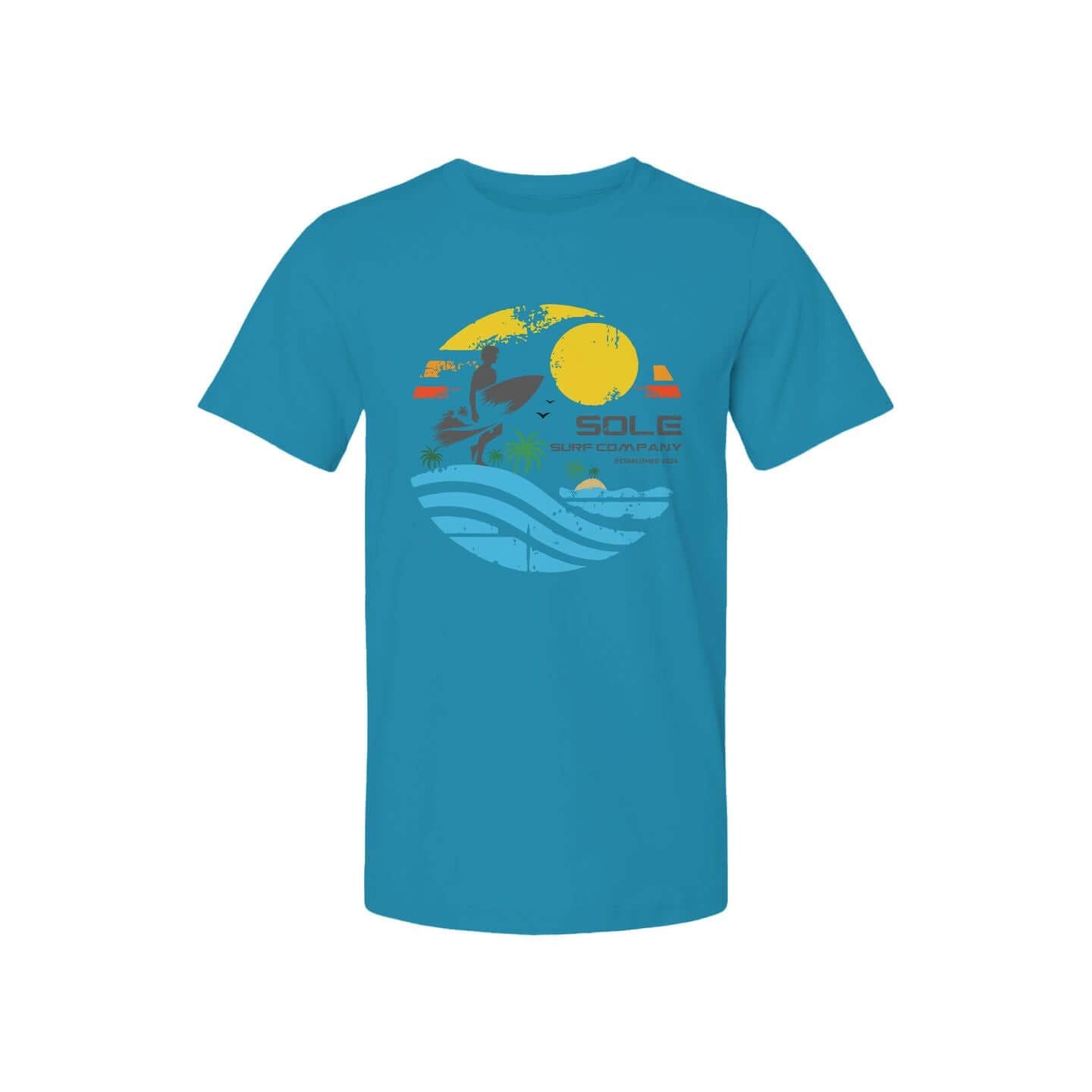 Men's Surf Series II T-Shirt in turquoise with vibrant surfer graphic and sun design, perfect for summer and beach activities.