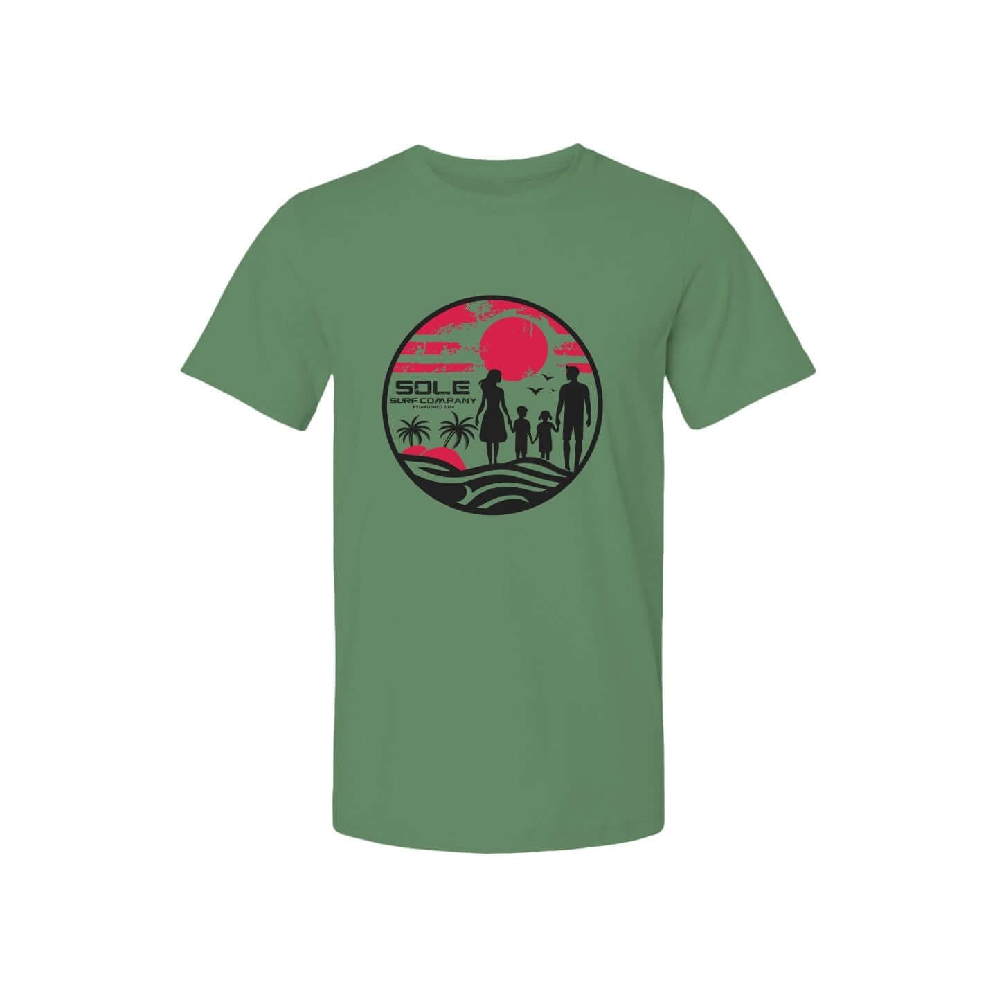 Men's Family Surf Series tee in green with beach graphic design, perfect for casual coastal style and relaxation.