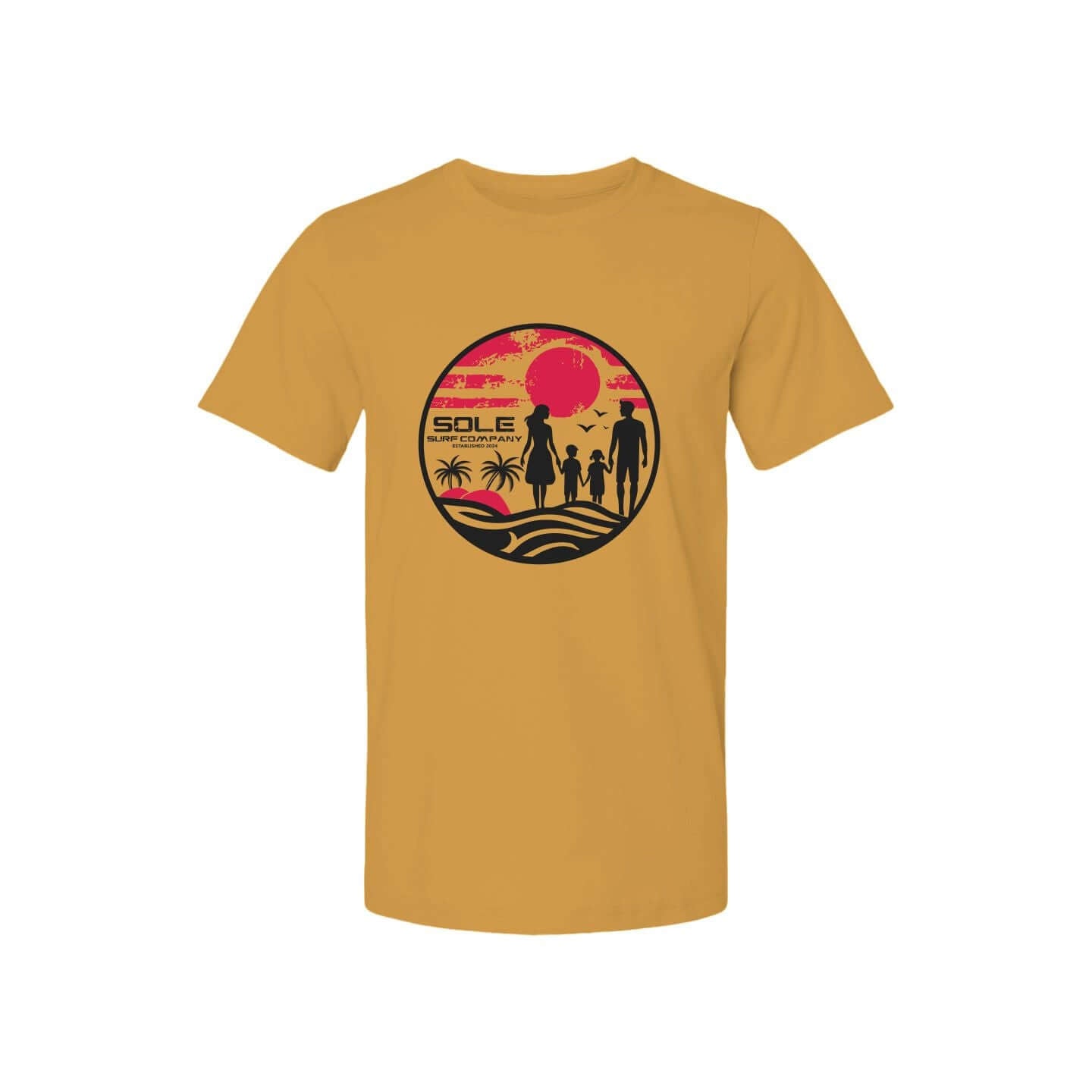 Men's family surf series tee in mustard with beach sunset graphic, perfect for casual and active wear.