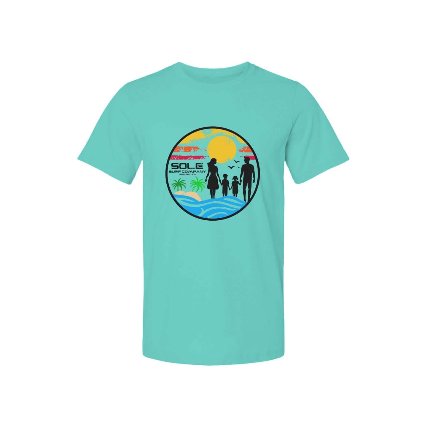 Women's Family Surf Series tee in turquoise with beachy graphic, perfect for summer outings and casual wear.