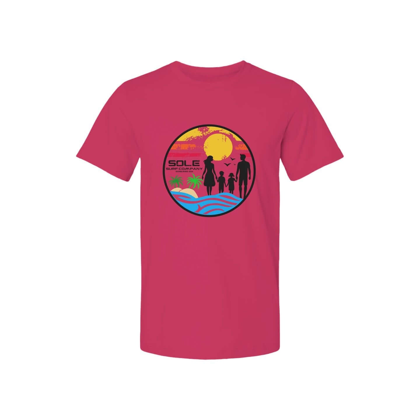 Women's Family Surf Series tee in pink with beach sunset and family silhouette design. Perfect for summer outings.