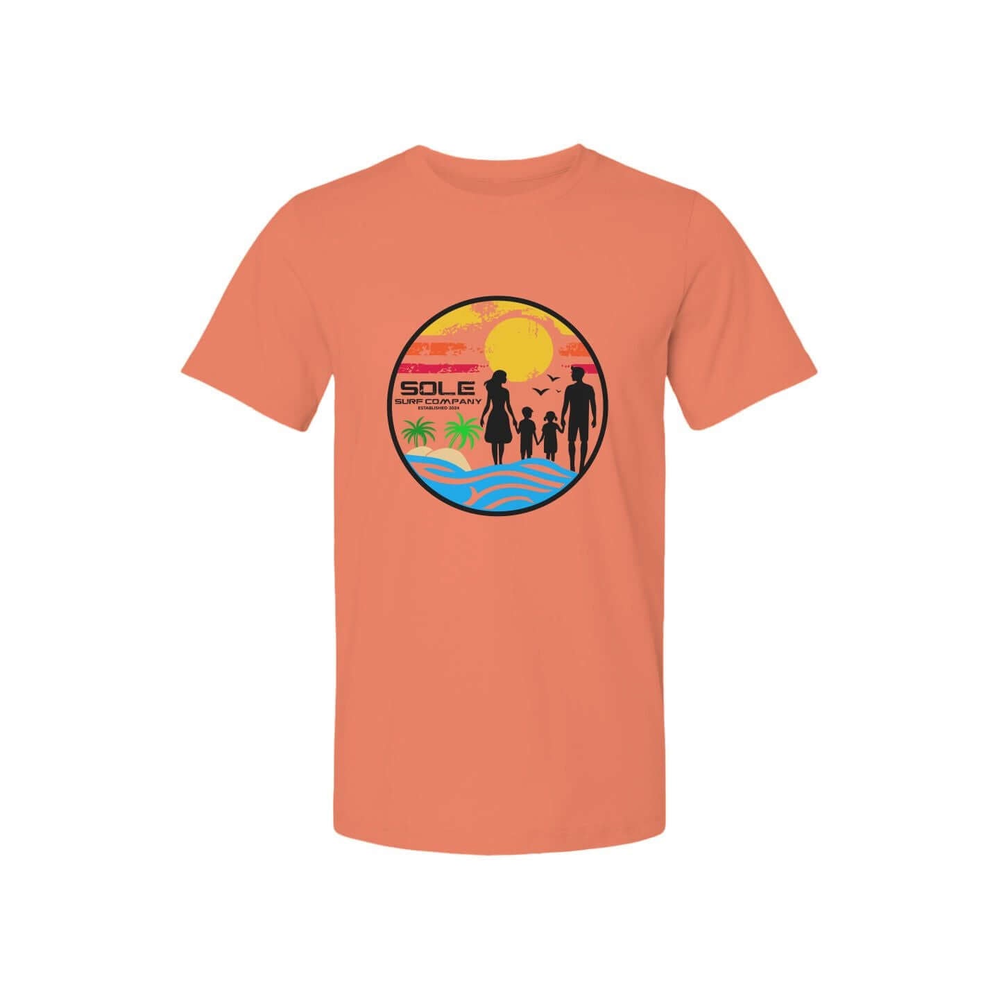 Women's family surf series tee in coral with beach graphic, perfect for summer and casual outings.