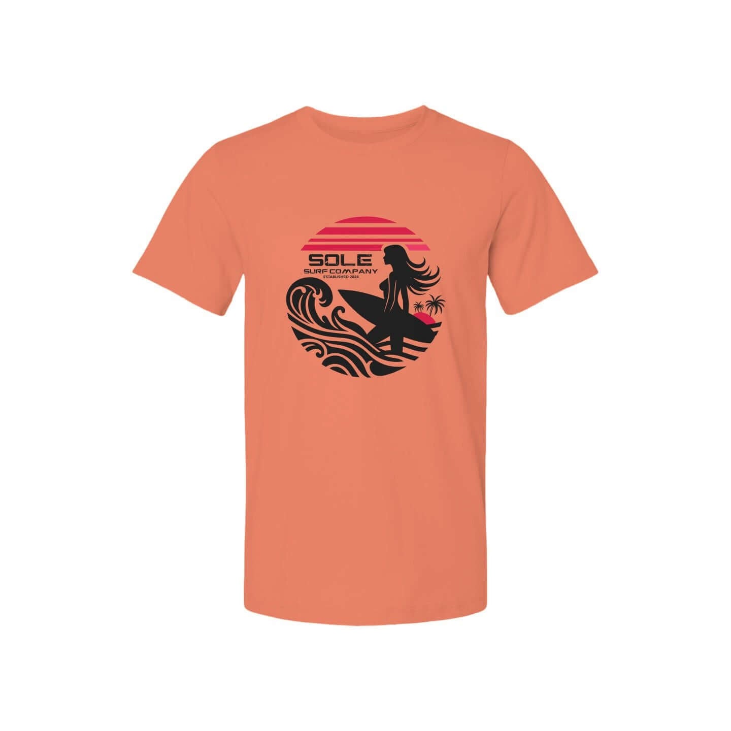 Women's surf series t-shirt in coral orange featuring a surfer graphic and beach vibes design. Perfect for casual outings and vacations.