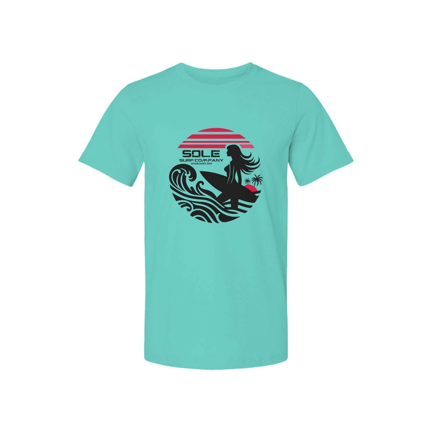 Women's turquoise surfer t-shirt featuring a stylish graphic of a woman surfing with ocean waves and palm trees.