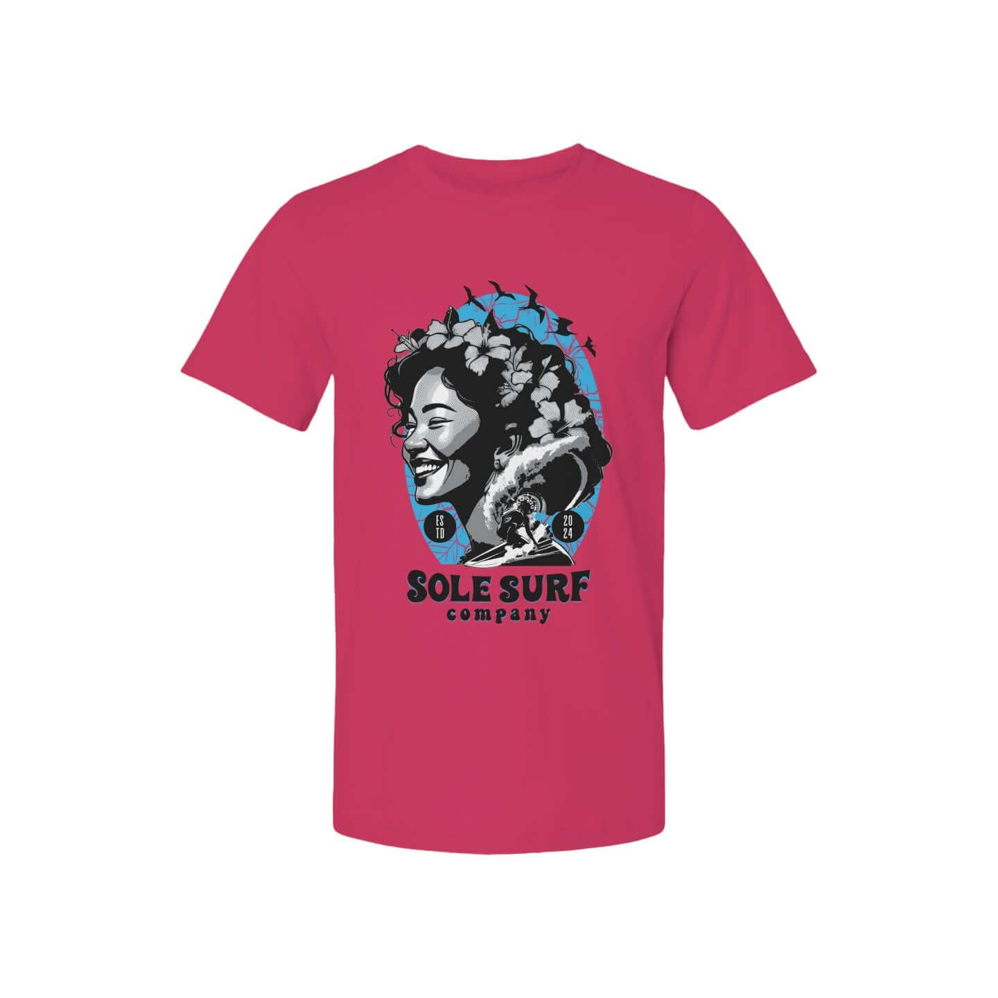 Vibrant pink t-shirt featuring a smiling woman, flowers, and the Sole Surf Company logo, perfect for beach lovers.