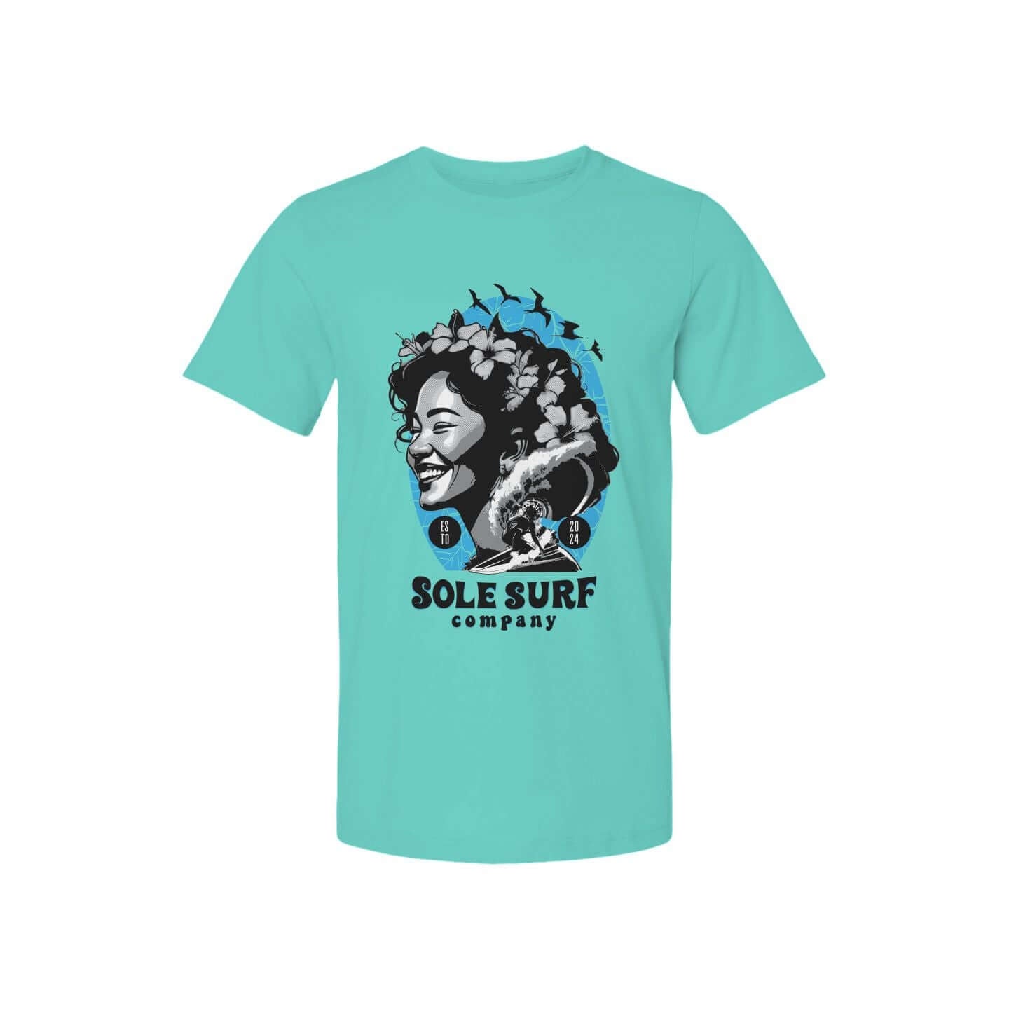 Surfing Island Woman T-Shirt in turquoise, featuring floral design and "Sole Surf Company" logo for beach lovers.