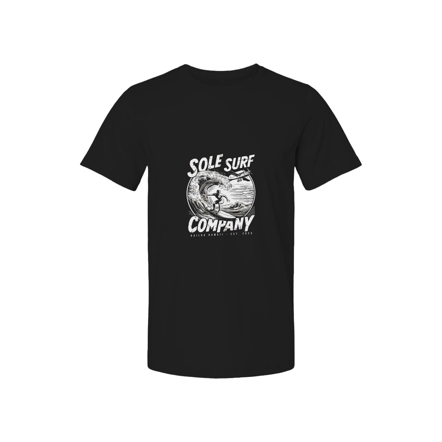 Black tee featuring 'Sole Surf Company' logo with a surfer riding a wave, perfect for surf culture enthusiasts.