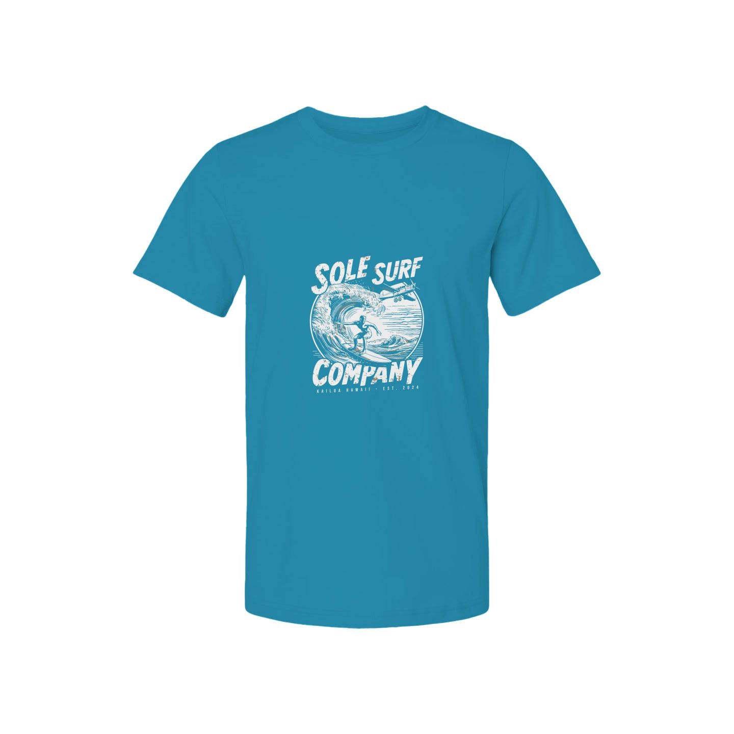 Teal t-shirt featuring Sole Surf Company logo and wave graphic, perfect for surfing enthusiasts.