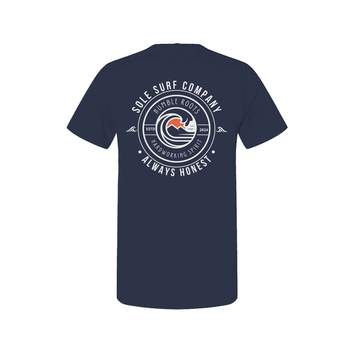 SSC Core Values tee featuring Sole Surf Company's logo and motto on a navy blue background.