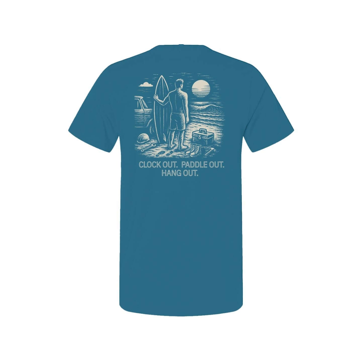 Working Man Tee featuring a hand-drawn surf culture design with the text 'Clock Out. Paddle Out. Hang Out.'