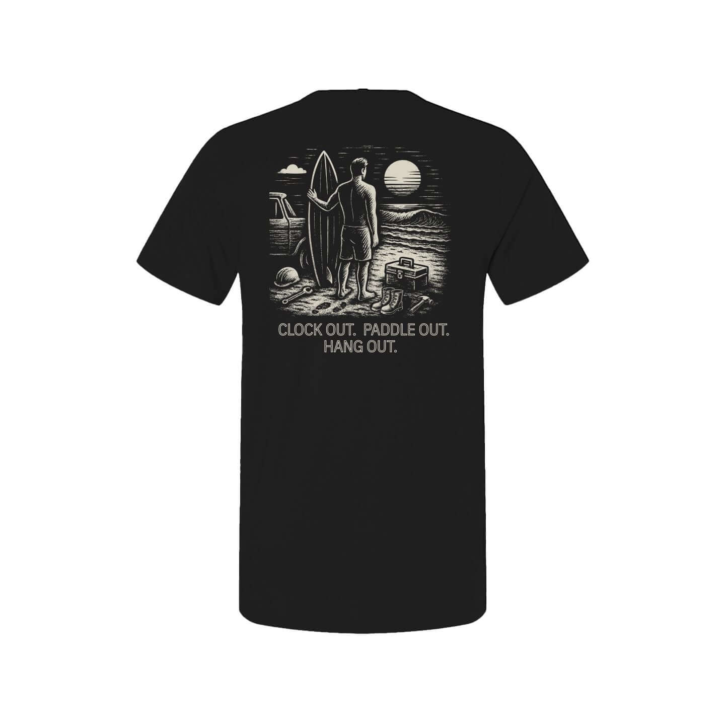 Back view of the Working Man Tee, featuring a hand-drawn design with the text 'CLOCK OUT. PADDLE OUT. HANG OUT.'