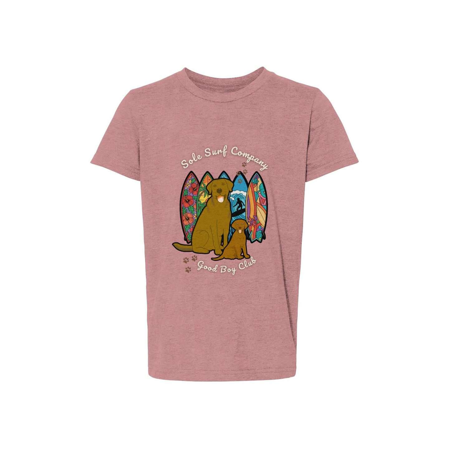 Surf Dogs Tee for kids featuring playful dogs and surfboards, perfect for beach lovers.