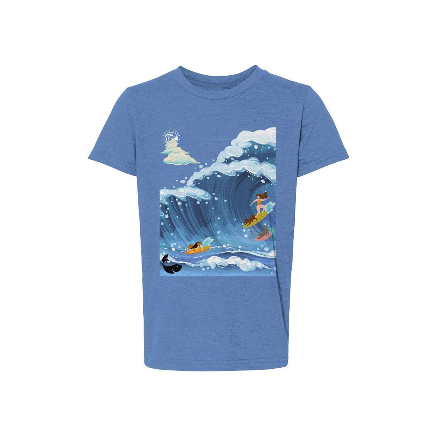 Surfing Cats graphic on a blue youth jersey tee depicting adventurous cats riding big waves.