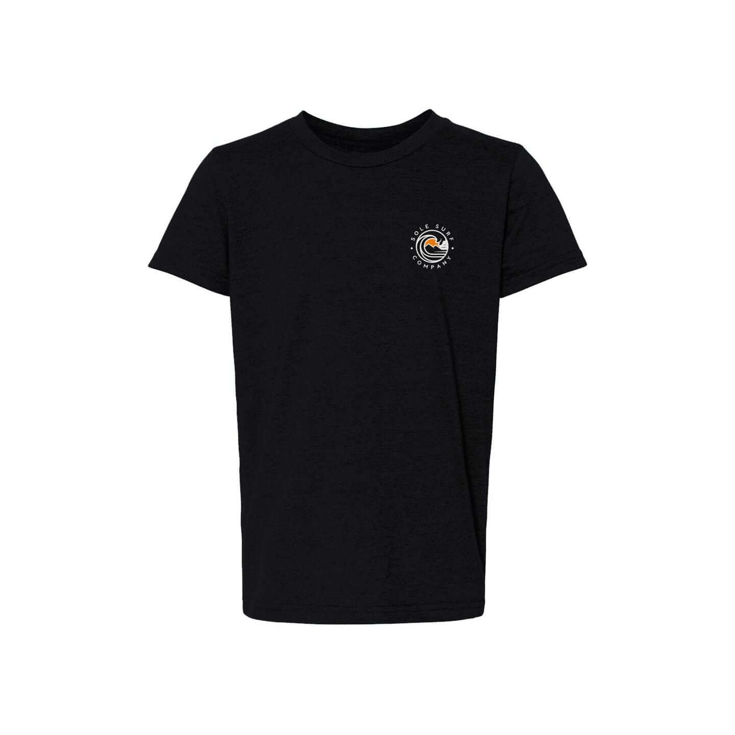 Kids Light Logo Tee featuring the Sole Surf Company emblem on a black t-shirt, perfect for kids' everyday wear.