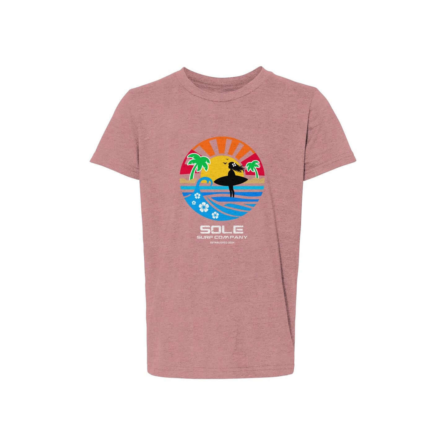 Girls Sunset Surfer Tee featuring colorful graphic design with surfer, palm trees, and sunset.