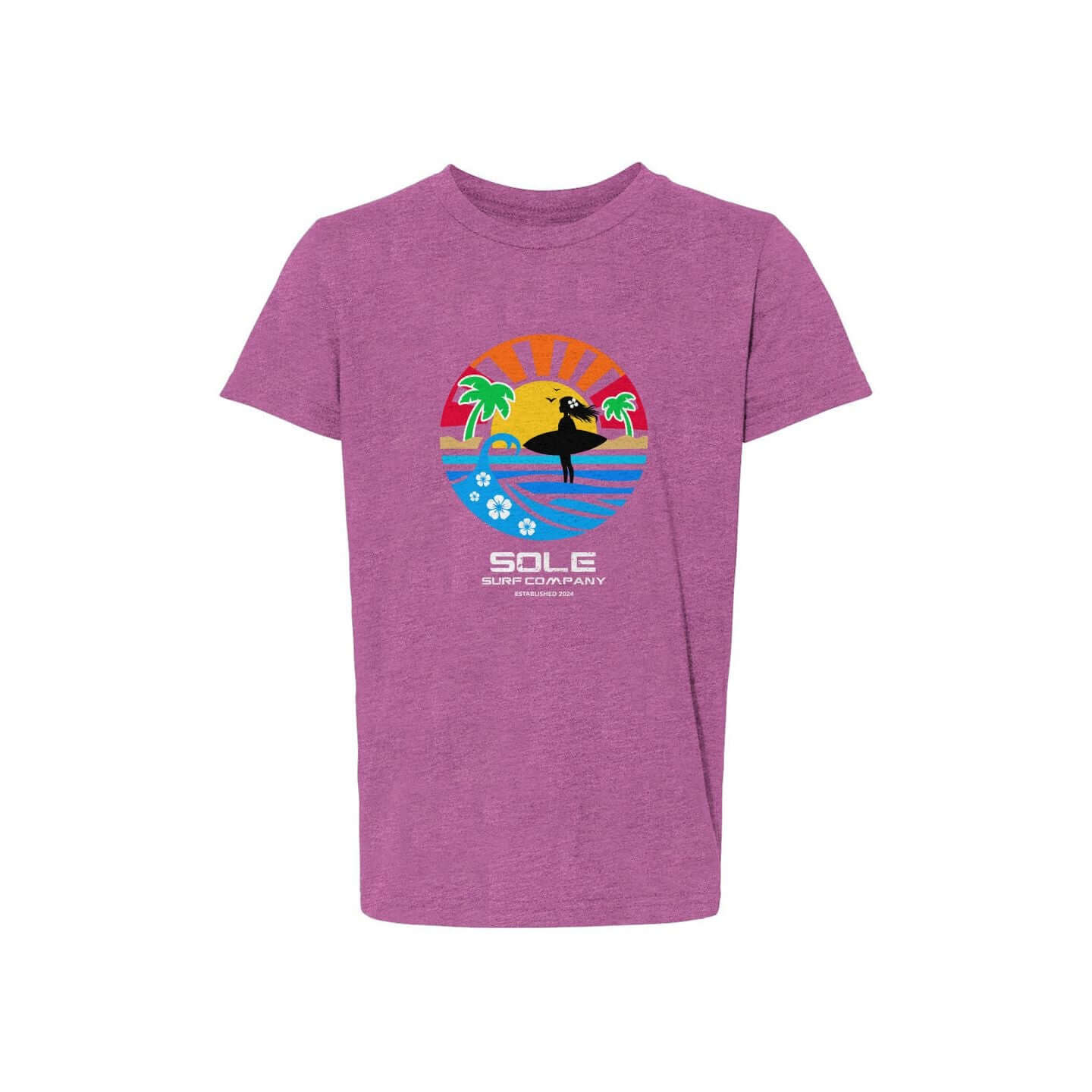 Girls Sunset Surfer Tee featuring vibrant tropical design and SSC branding for beach-loving youth.
