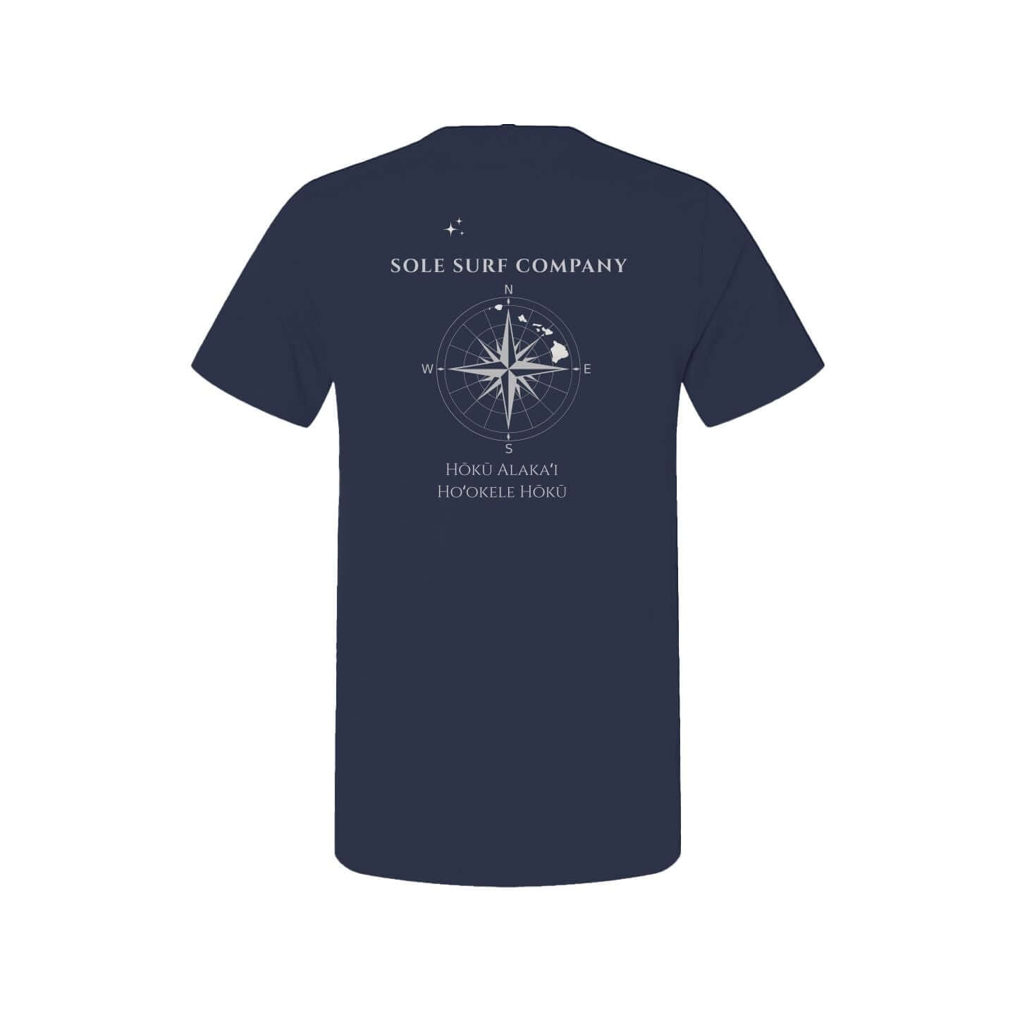 Hawaiian Navigation - Hōkū Alakaʻi Tee featuring compass design and navigation phrases on navy background.