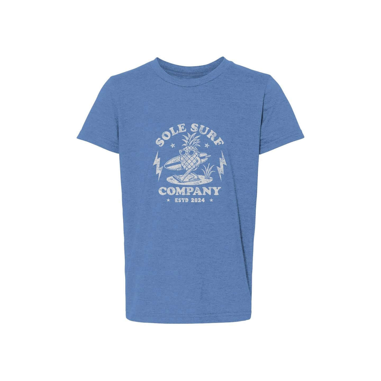 Pineapple Power Tee featuring a confident pineapple and surf-inspired designs in blue, perfect for kids' adventures.