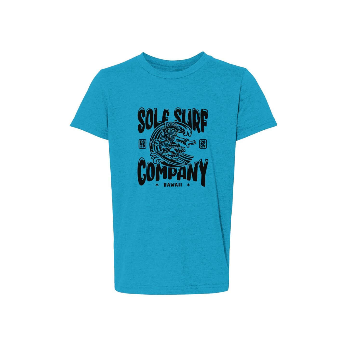Neon Surf Monkey Tee in vibrant turquoise with bold surf graphics, perfect for adventurous island vibes.