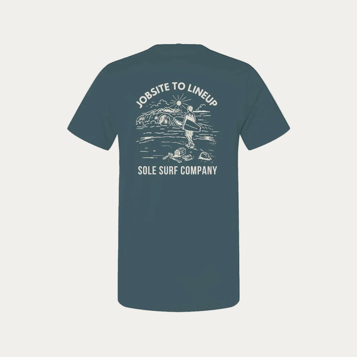 Working man tee shirt featuring 'Jobsite to Lineup' graphic from Sole Surf Company.