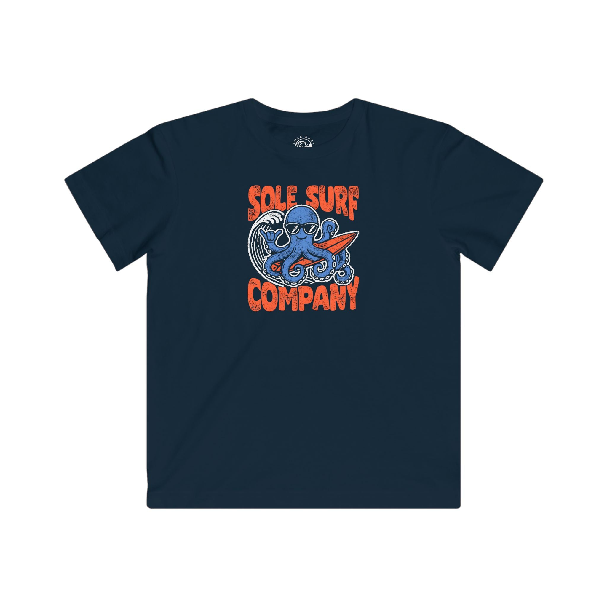 Kids Surfing Octopus Tee by Sole Surf Company featuring a playful octopus design on a navy background.
