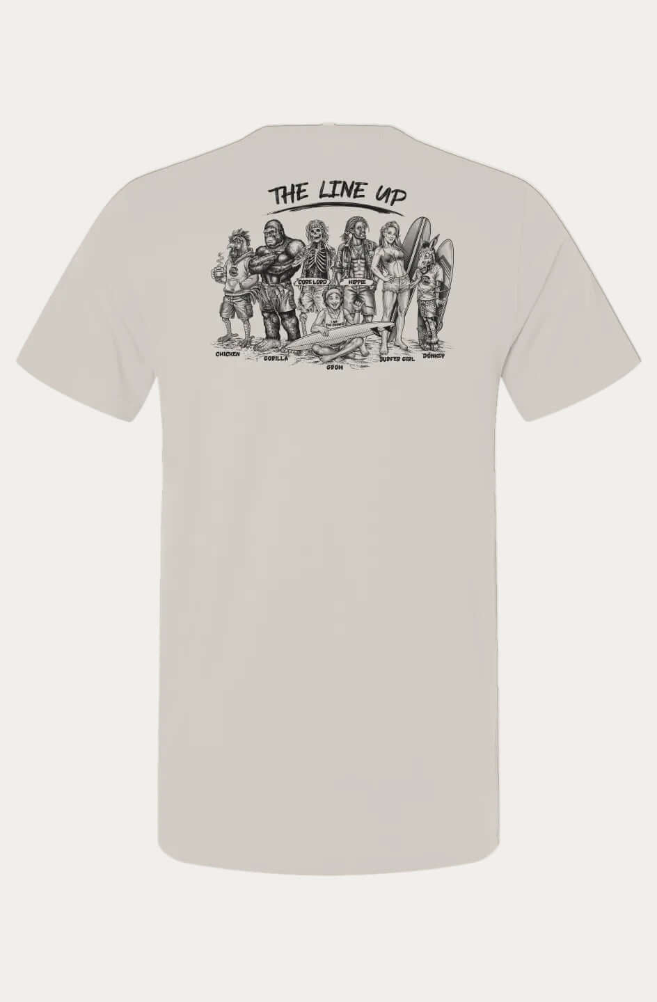 A light beige crewneck t-shirt shown from the back, featuring a black graphic print of a group of characters under the text 'THE LINE UP'.