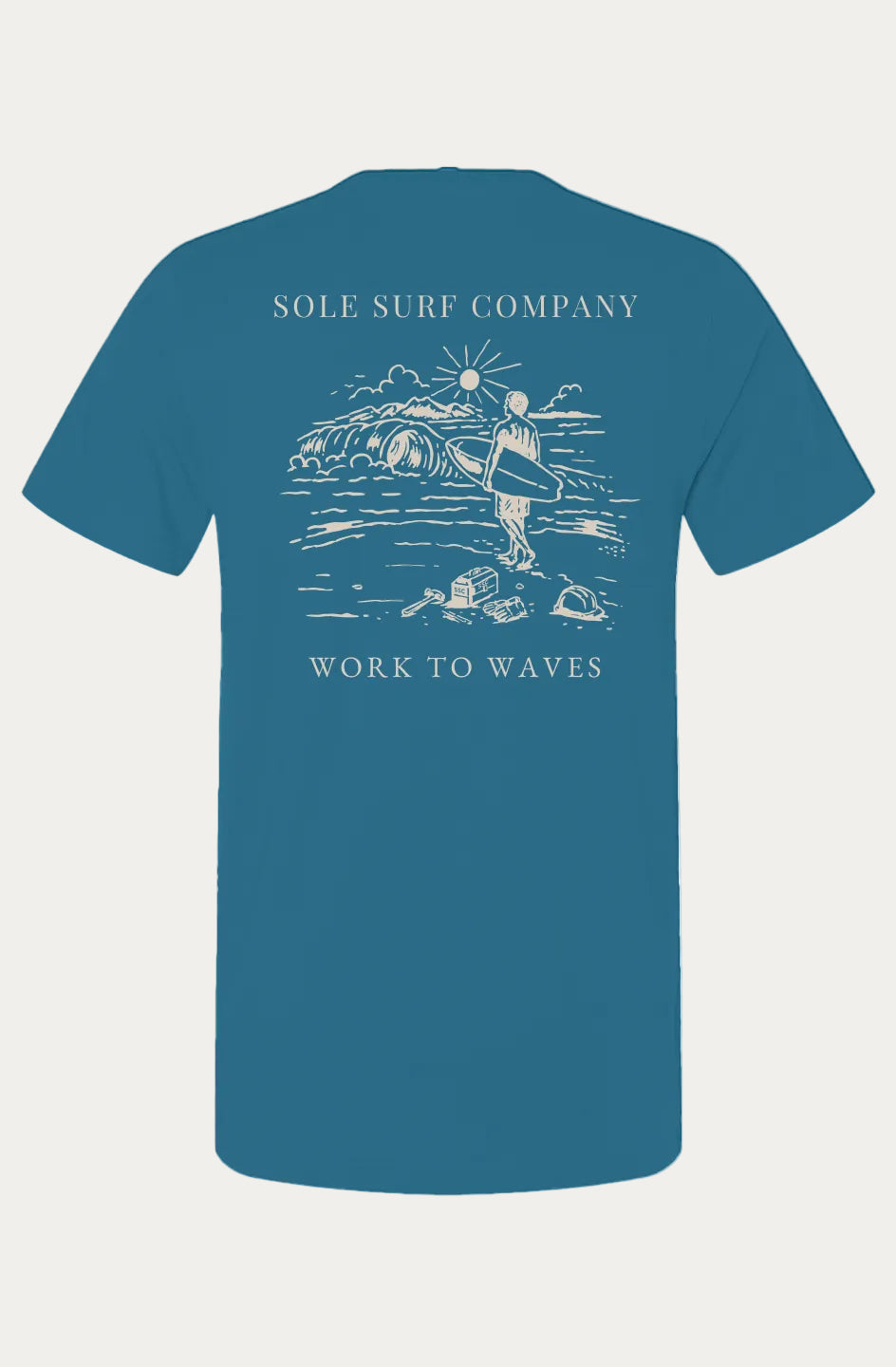 A teal blue short-sleeve t-shirt shown from the back, featuring a white line art graphic of a surfer and the text 'SOLE SURF COMPANY' and 'WORK TO WAVES'.