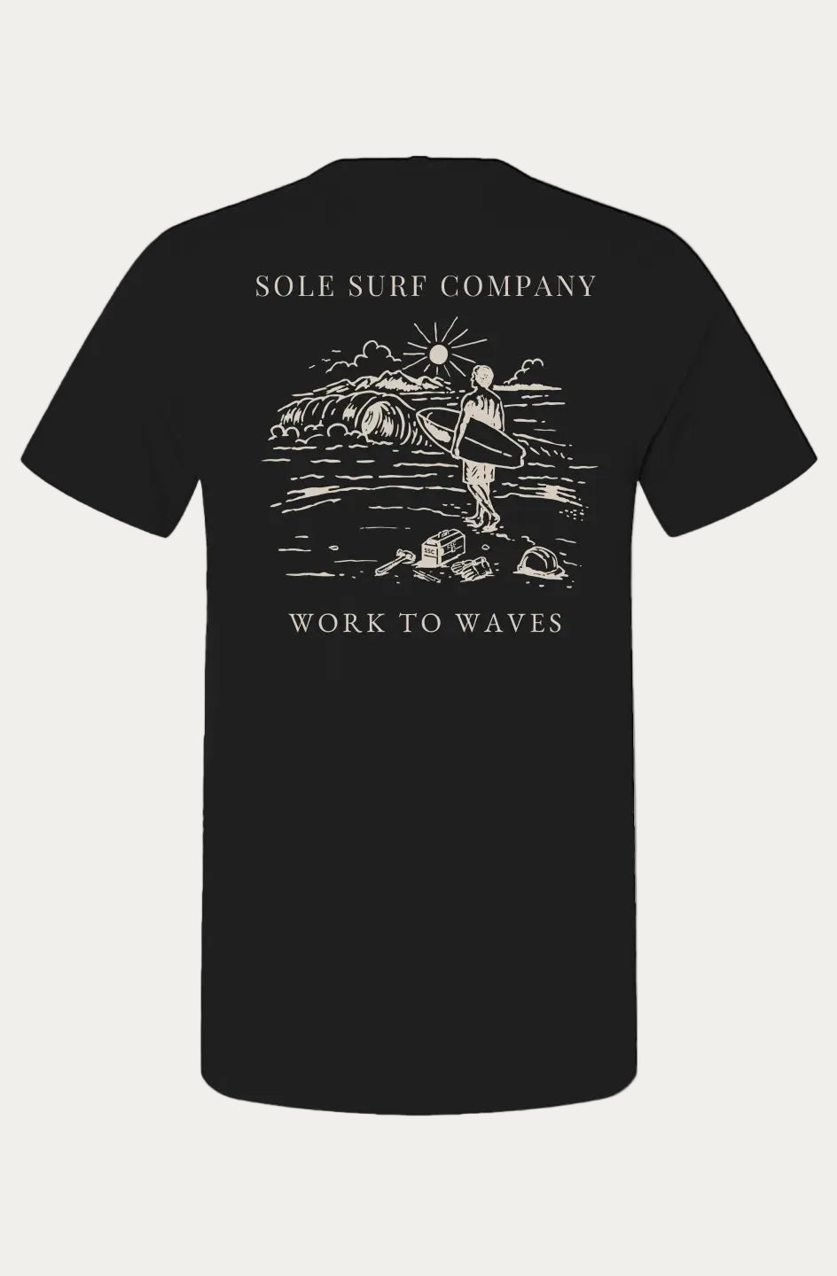 A black short-sleeve t-shirt shown from the back, featuring a cream-colored graphic print of a surfer with the text 'SOLE SURF COMPANY' above and 'WORK TO WAVES' below.