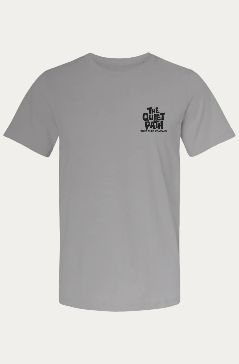 A light gray short-sleeve crewneck t-shirt with a small black graphic on the left chest reading The Quiet Path T-shirt in Storm with black left-chest logo