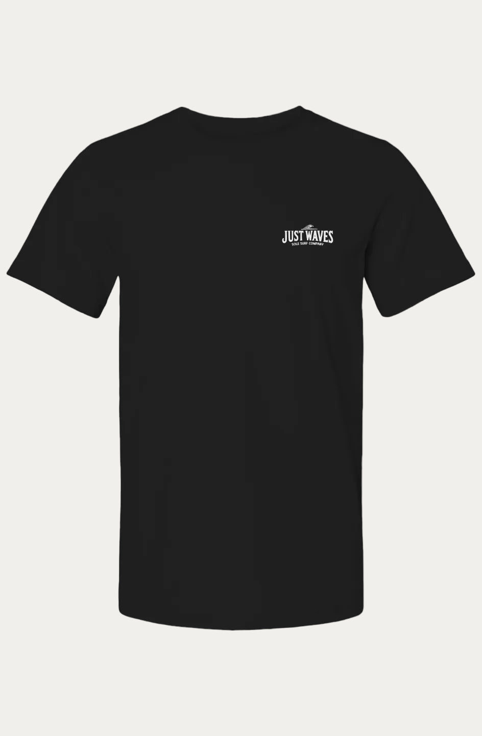 Black t-shirt with 'Just Waves' text on a white background