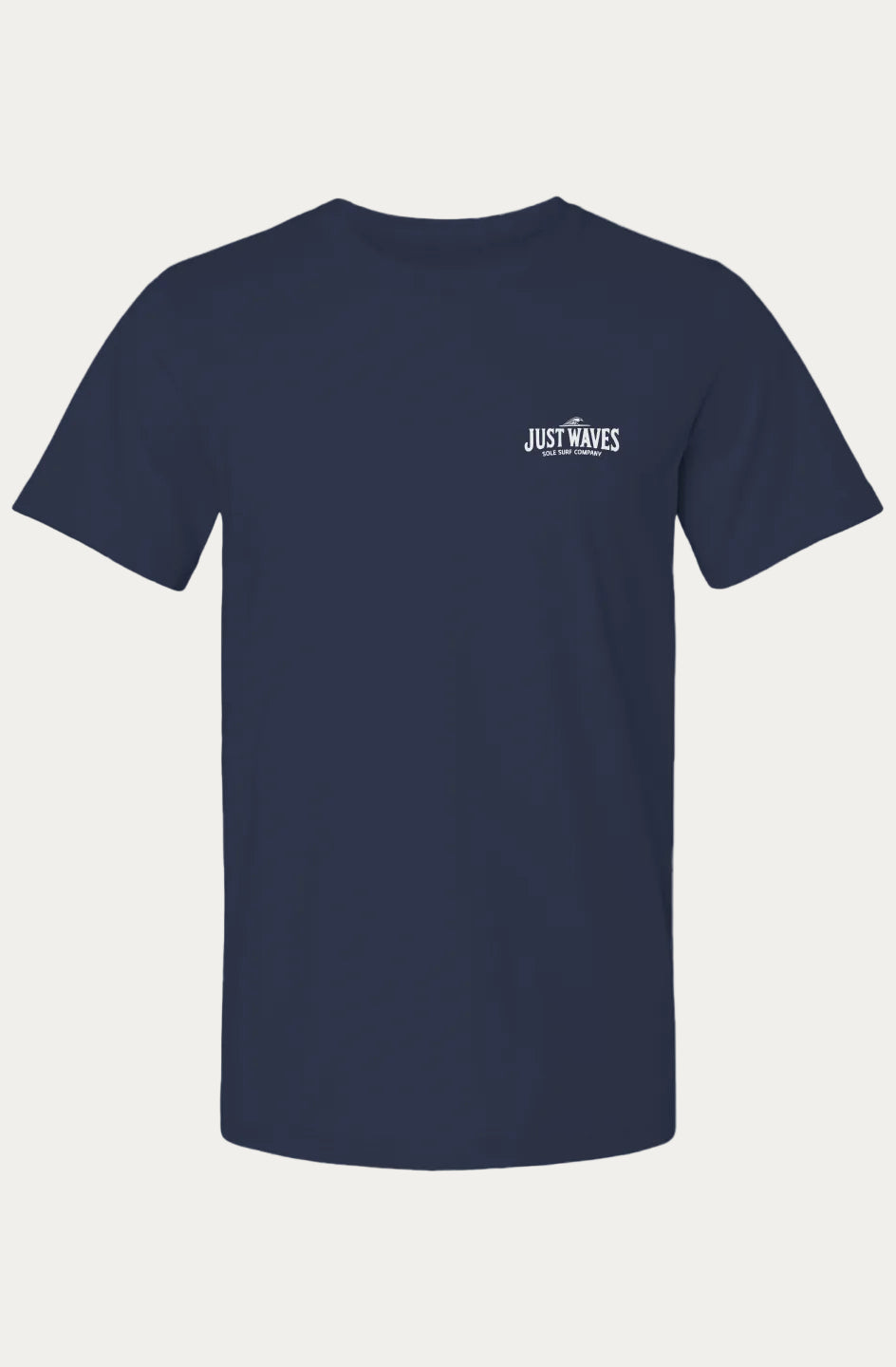 Navy Blue T-Shirt with Just Waves printed on it. 