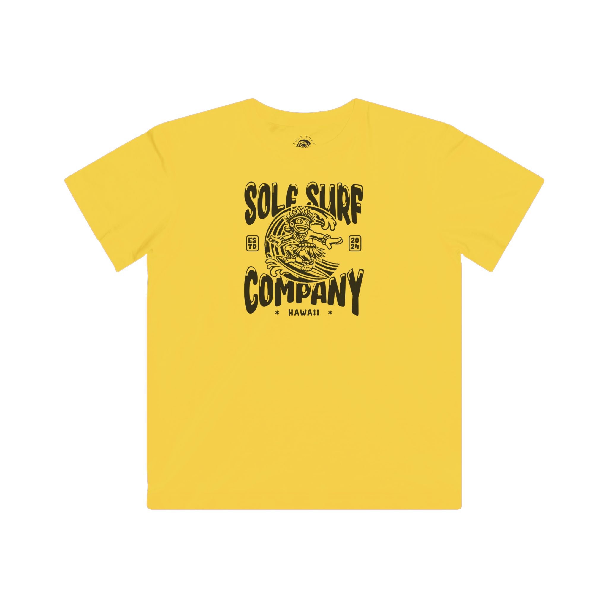 Kid's yellow tee featuring tiger graphic and 'Solo Surf Company' text, embodying island surf style.