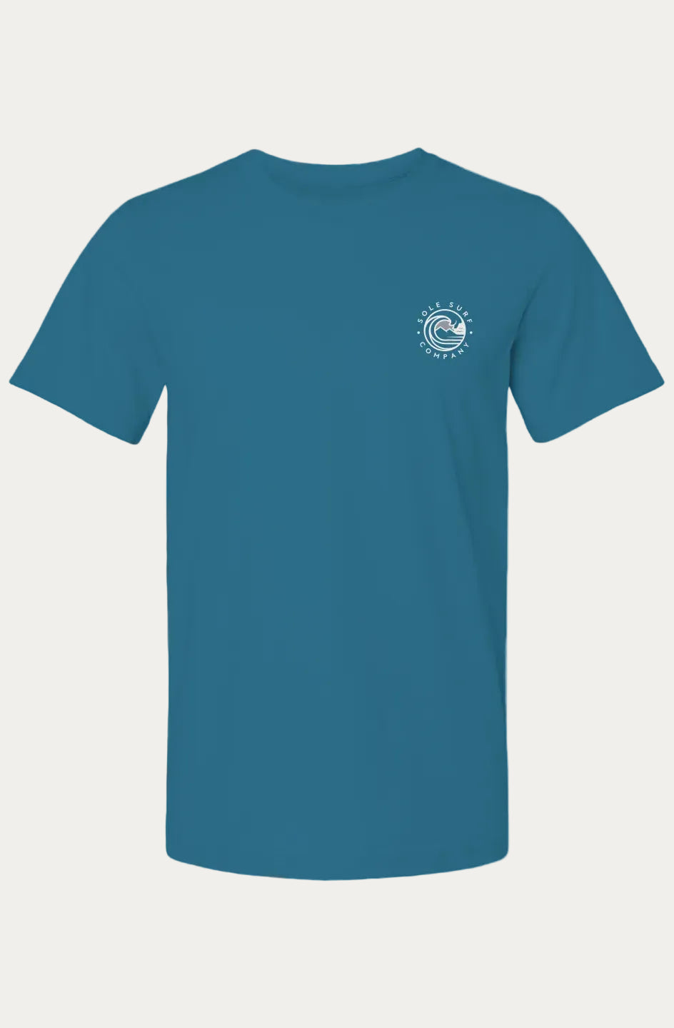 A teal blue short-sleeve crewneck t-shirt with a small white circular logo on the left chest, displayed on a solid white background.