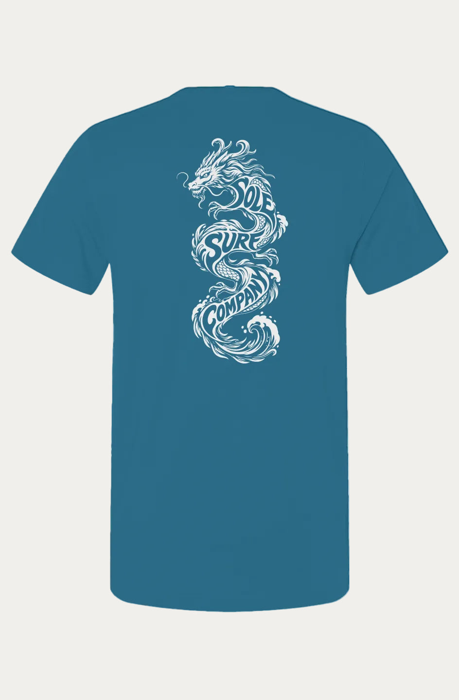 A teal blue short-sleeve t-shirt shown from the back, featuring a large white graphic of a stylized dragon wrapped with the words 'Sole Surf Company' in its scales.