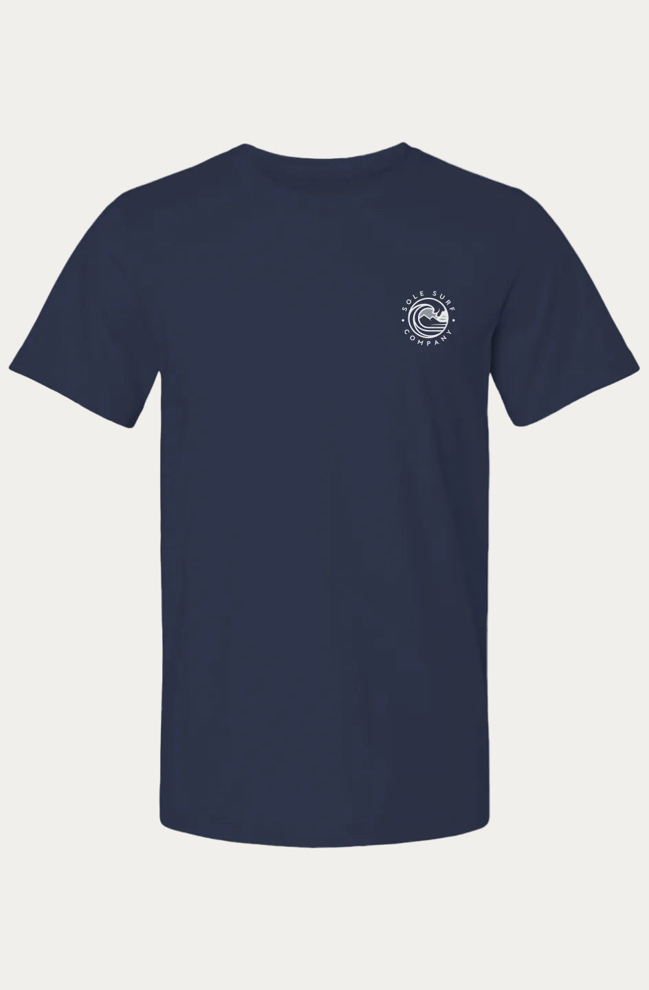 A navy blue short-sleeve crewneck t-shirt with a small white circular logo printed on the left chest, displayed on a solid white background.