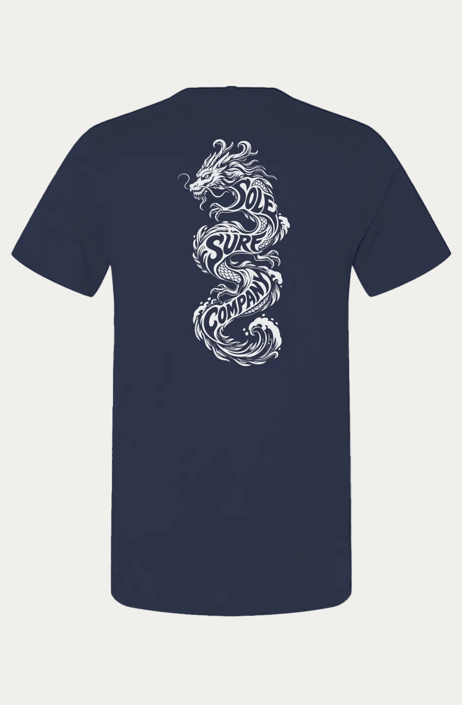 A navy blue short-sleeve t-shirt shown from the back, featuring a large white graphic of a stylized dragon wrapped in waves with the word 'Sole Surf Company' integrated into the design.