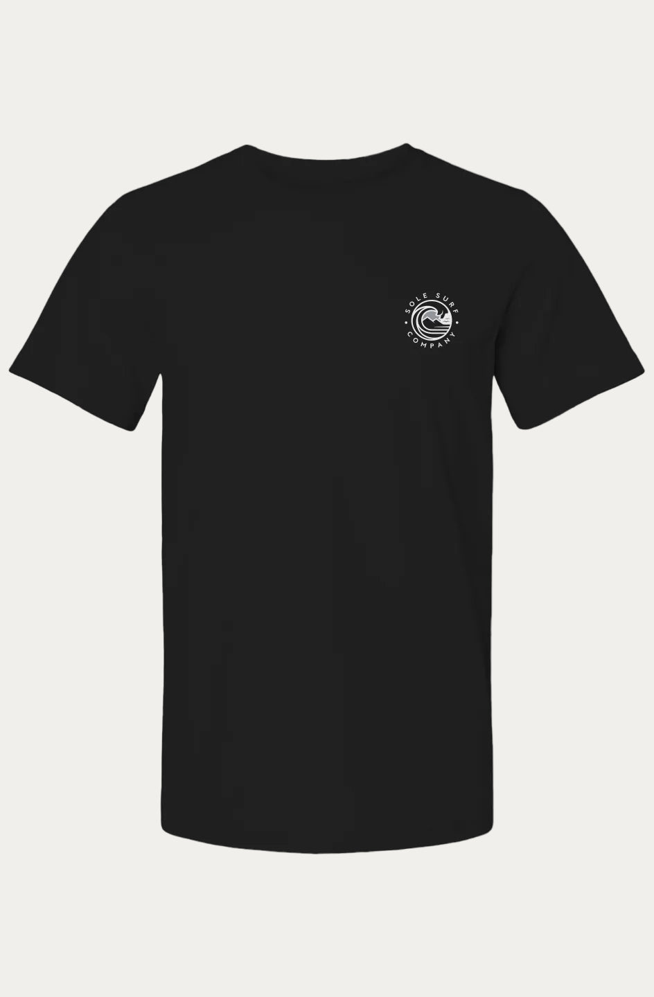 A black short-sleeve crewneck t-shirt with a small white circular graphic printed on the left chest, displayed on a solid white background.