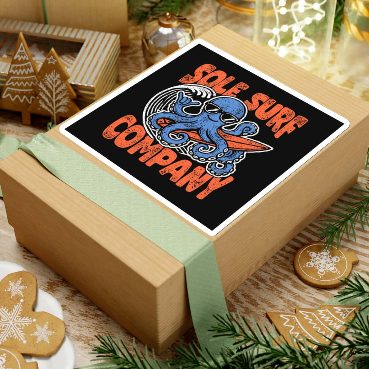 Wooden gift box featuring a vibrant Surfing Octopus sticker from Sole Surf Company.