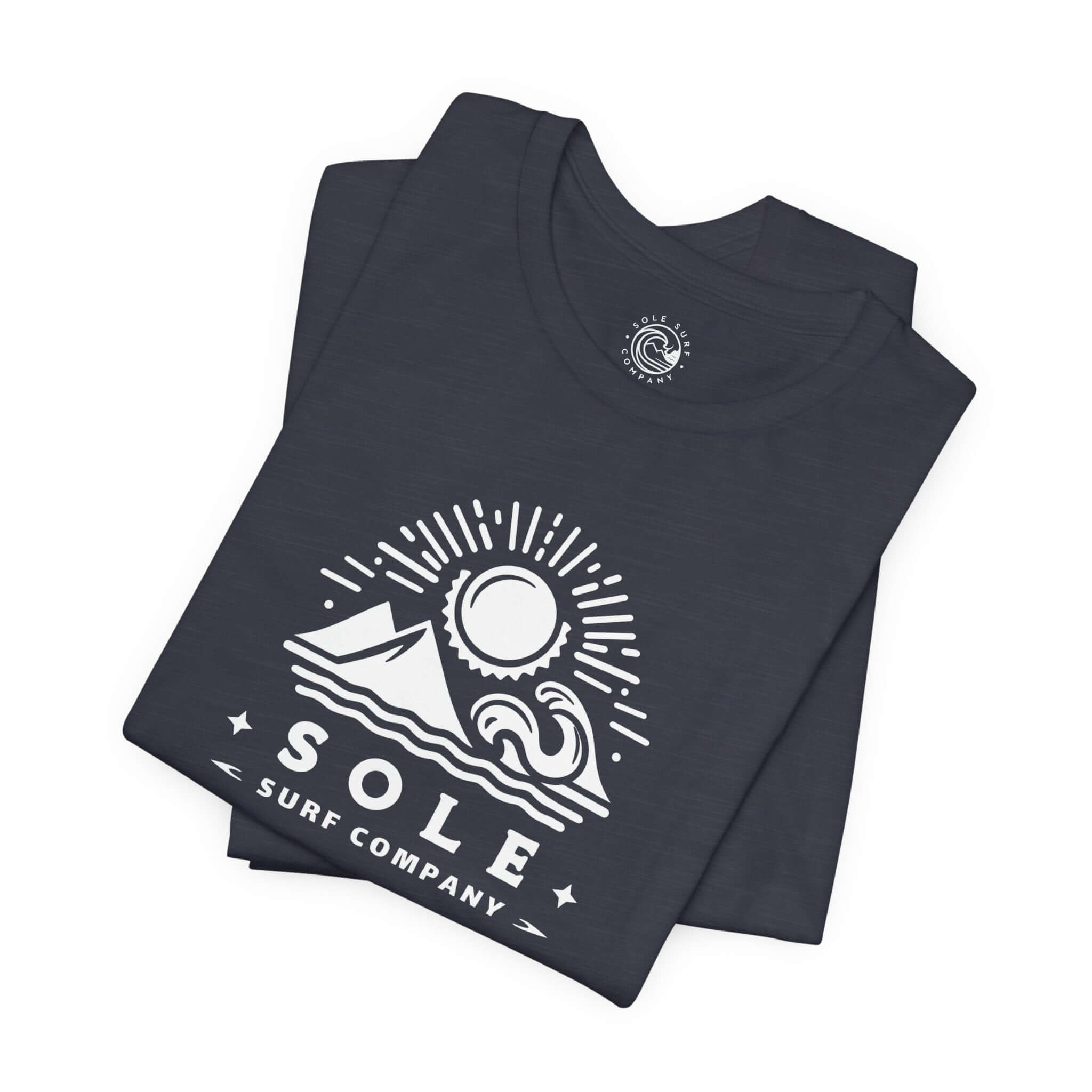 Graphic design t-shirt featuring sun, mountain, and waves, showcasing the Sole Surf Company logo.