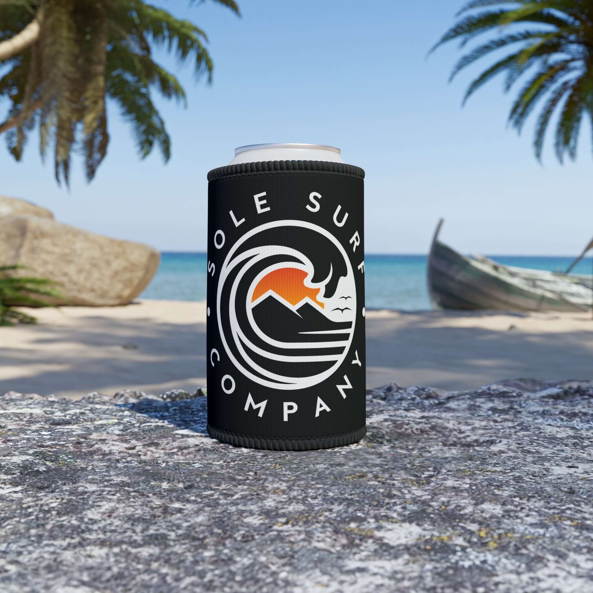 Sole Surf Company can cooler on a beach, featuring vibrant colors and a fun design, perfect for summer outings.