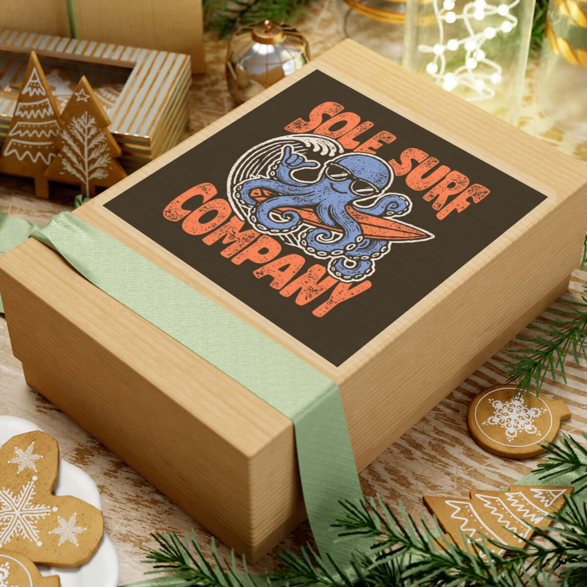 Wooden gift box with Surfing Octopus design for Sole Surf Company, decorated for festive occasions.