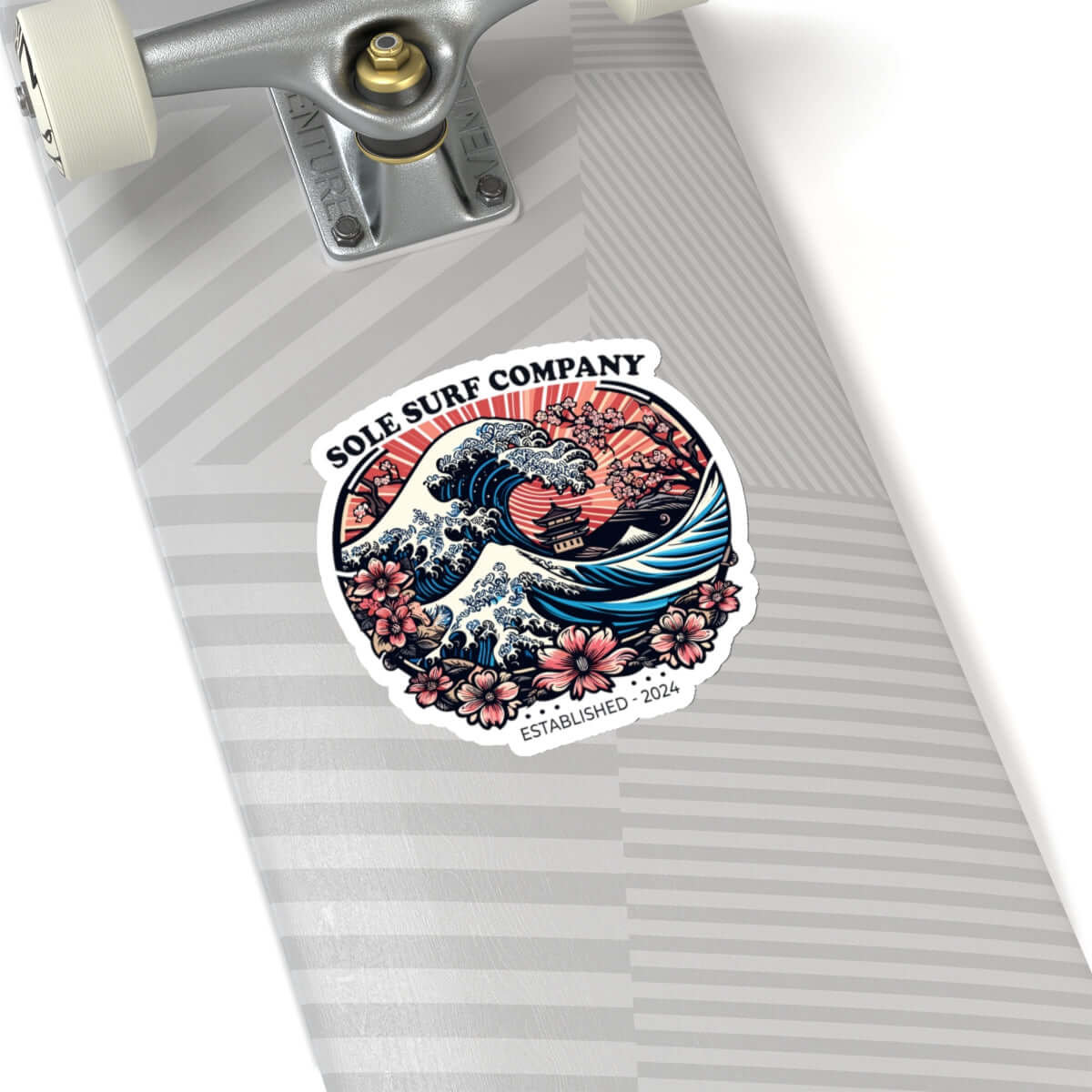Vibrant Japanese sticker featuring waves and flowers on a skateboard, ideal for surf enthusiasts and artistic touches.