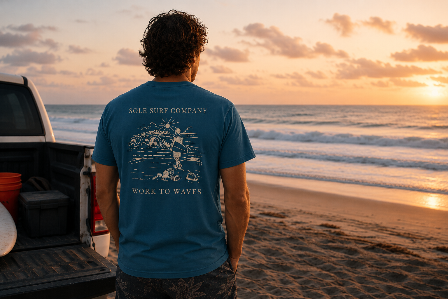 A man stands on a beach at sunset facing the ocean, wearing a blue t-shirt with a white graphic print on the back that reads 'SOLE SURF COMPANY' and 'WORK TO WAVES'. A white pickup truck is parked to his left.