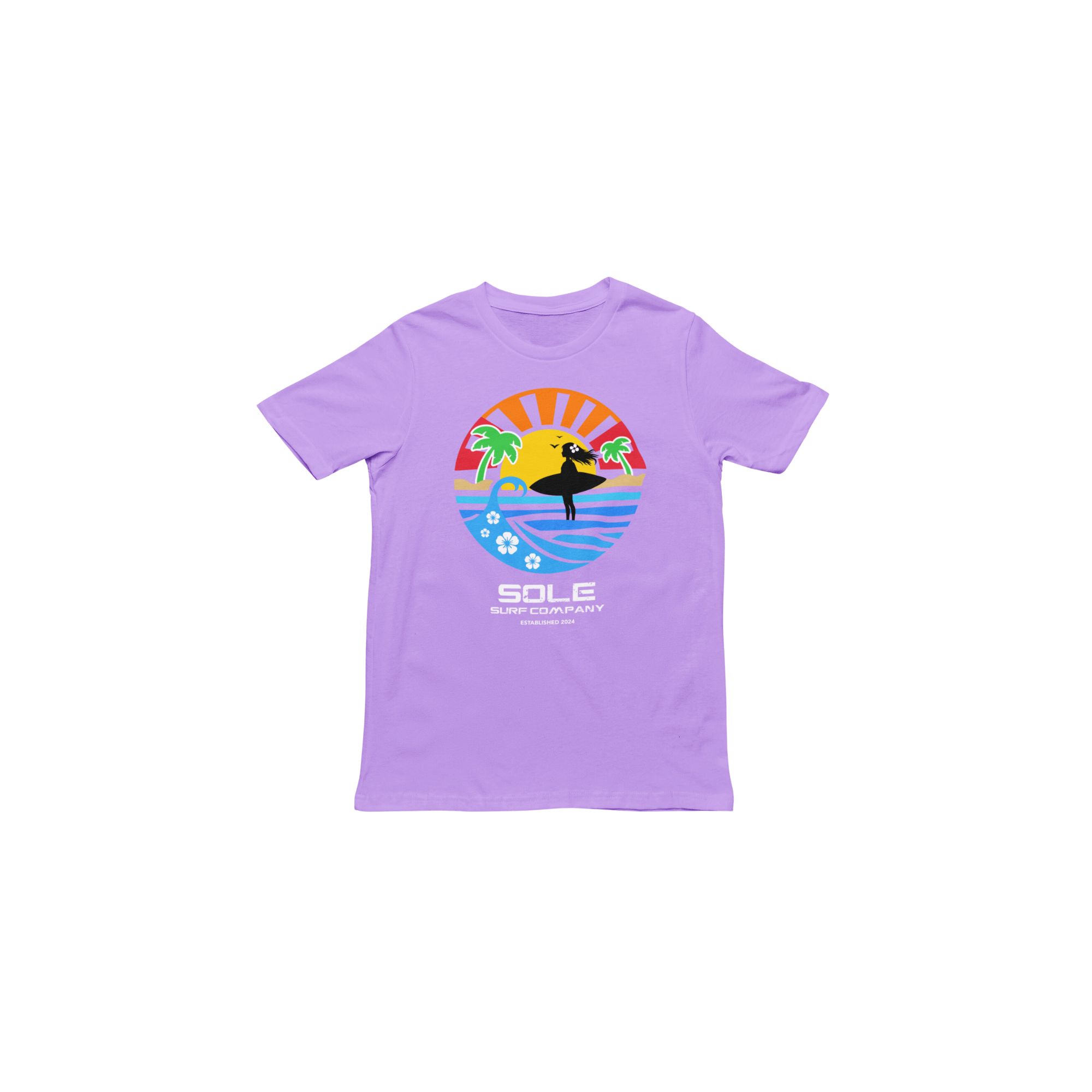 Girls purple tee from the Kids Surfer Series featuring a vibrant surfing graphic and palm trees. Perfect for beach fun!