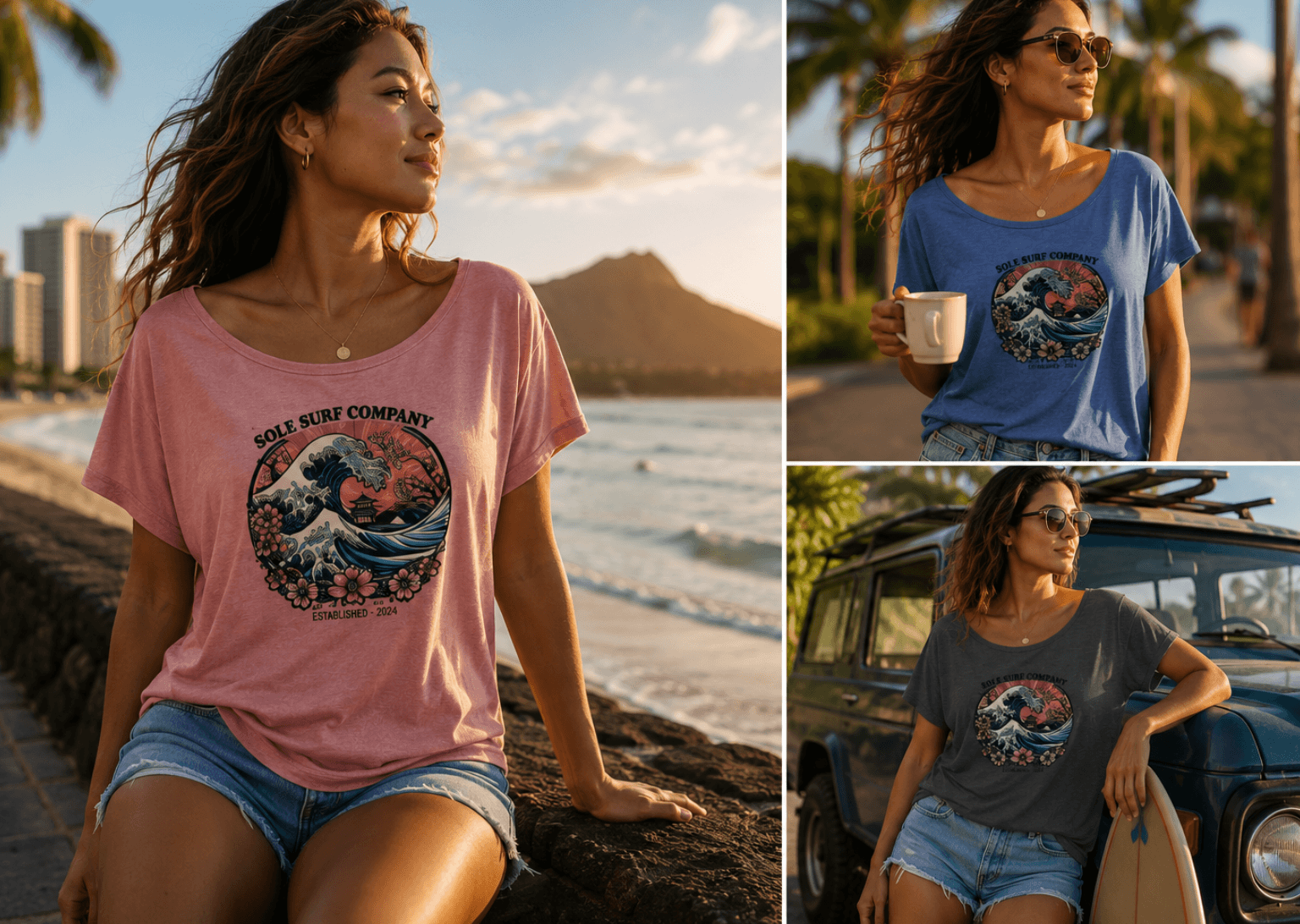 Three images of a woman wearing different t-shirts with graphic designs on a beach and casual settings.