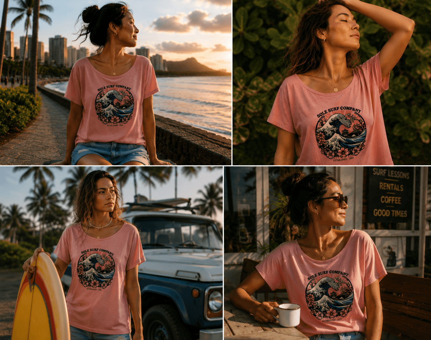 Woman wearing a pink t-shirt with a graphic design, standing by the beach and in various outdoor settings.