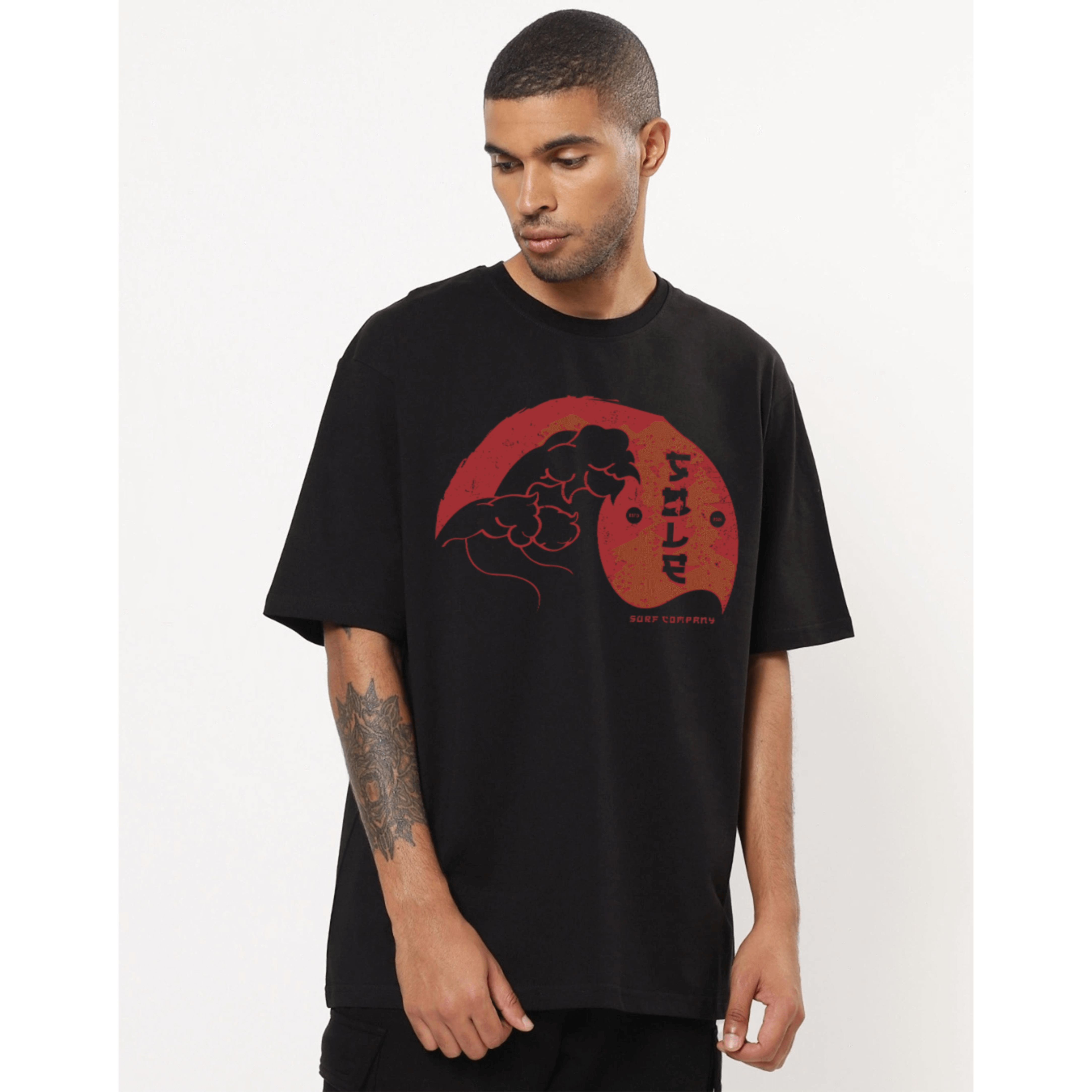 Japanese Wave design T-Shirt in black, featuring a striking graphic on a model, perfect for casual and artistic wear.