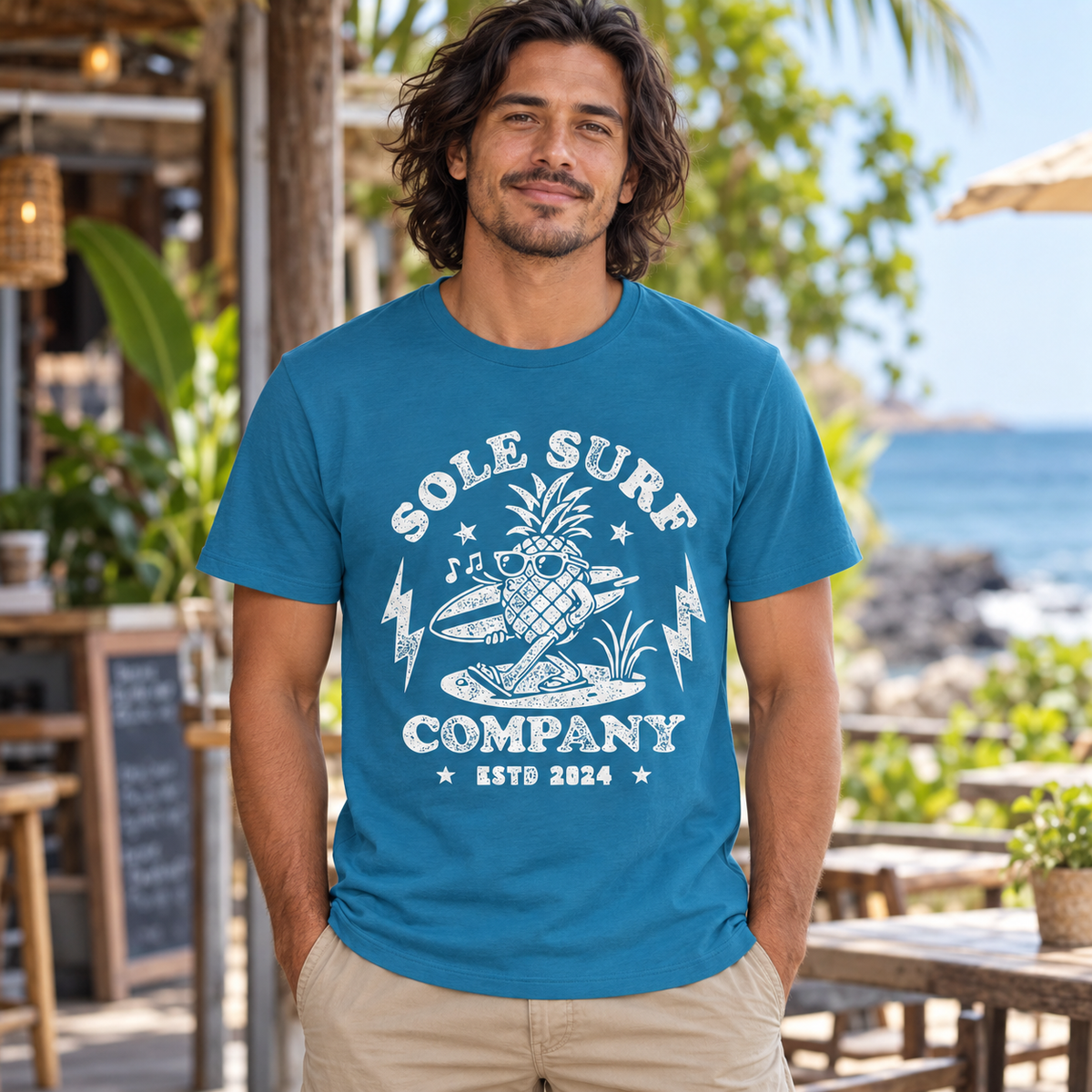 A man wearing a teal blue graphic t-shirt with a white 'Sole Surf Company' pineapple and surfboard design, standing in a beachside cafe setting.