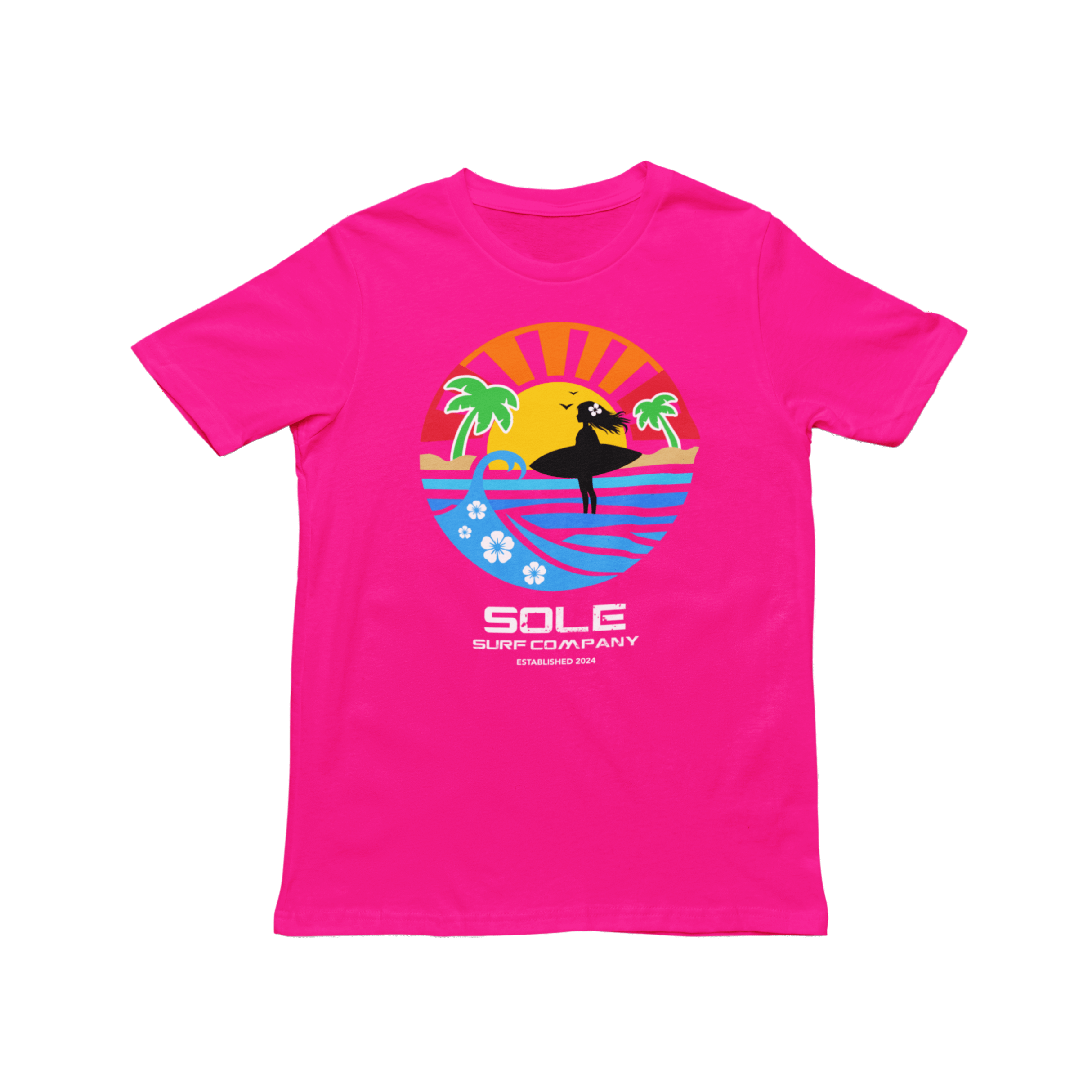 Bright pink girls' tee featuring a fun surf design with palm trees and waves, perfect for summer beach outings.